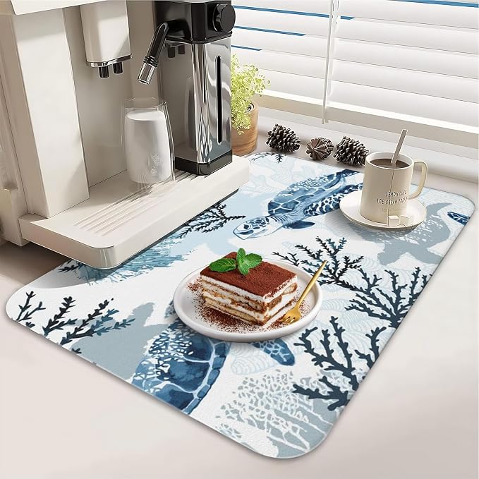 Dish Drying Mat 2-Pack in Sea Turtle Ocean for Kitchen Counter Dishes Mat | Diatom Mud Mats (18x24, 19.5x12"). Non-slip rubber back for kitchen counter, coffee bar & sink scenes