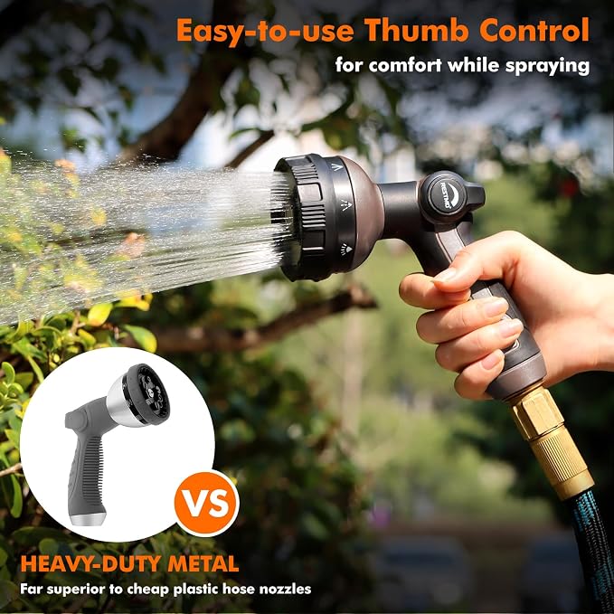 RESTMO Garden Hose Nozzle Heavy Duty, Metal Sprayer Nozzle Thumb Control | 8 Spray Patterns Full Shower Water Hose nozzle for Garden Hose, Ideal for Lawn & Plant Watering, Car & Pet Washing, Brown