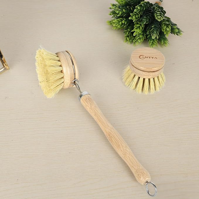 Bamboo Dish Brush with Handle - Soft Bristle Plastic Free Potato Scrubber Brush Compostable & Sustainable Produce Brush for Dishes Pots and Pans
