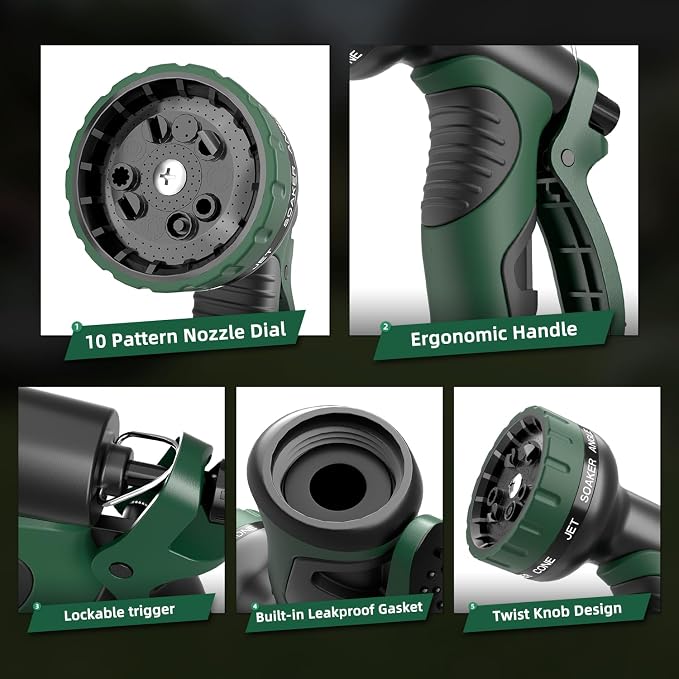 Besiter Garden Water Hose Nozzle, Water Spray Nozzle with 10 Spray Modes Suitable for Watering Plants, Iawns and Gardens, Car Washing, Cleaning, Showering Pets and Outdoor Fun, Green