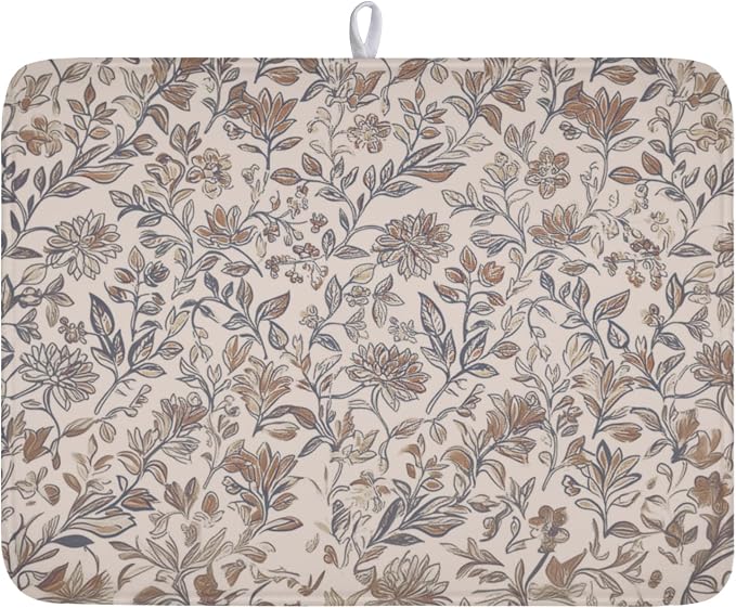 Vintage Floral Dish Drying Mat for Kitchen Counter Brown Antique Flower Microfiber Dish Drainer Mat Rustic Neutral Absorbent Washable Drying Pad Extra Large 18"x24"