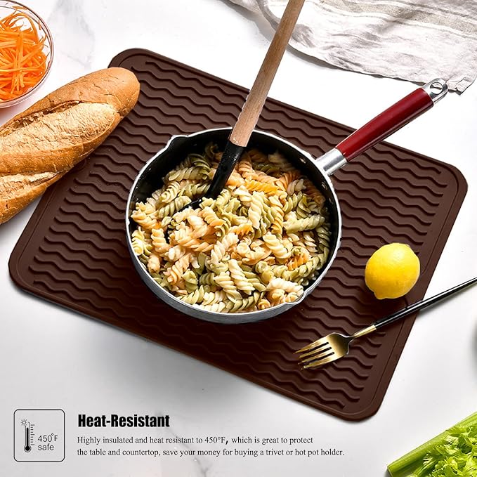 Silicone Dish Drying Mat, Non-Slip Easy Clean Sink Mat Large Heat-resistant Dish Drainer Mat for Kitchen Counter, Sink, Refrigerator or Drawer liner (16" x 12", COFFEE)