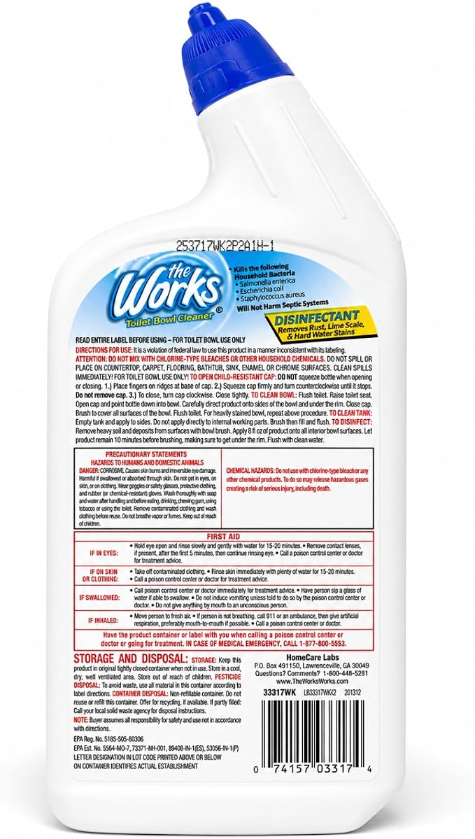 The Works Toilet Bowl Cleaner Disinfectant Removes Rust Lime Scale and Hard Water Stains Kills 99.9% of Household Bacteria 24 fl oz (Pack of 6)