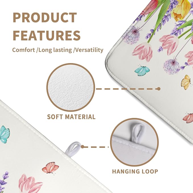Spring Floral Dish Drying Mat for Kitchen Counter Tulip Lavender Flower Dishes Pad Absorbent Microfiber Dish Draining Mat Washable Dish Drainer Rack Mats Extra Large 18"x24"