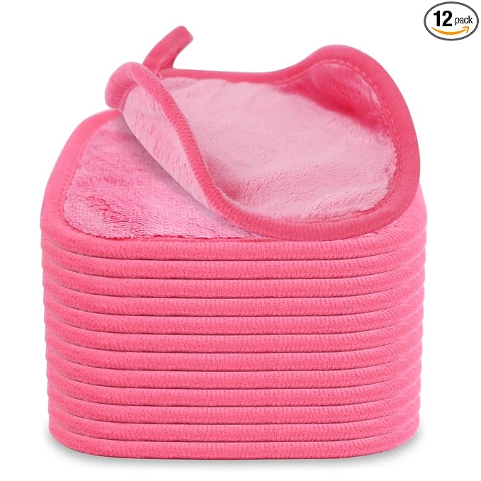 Puomue Makeup Remover Cloth 12 Pack, Ultra Soft and Reusable Microfiber Makeup Remover Towels for All Skin Types, Perfect Face Towels for Women, 6 Inch X 6 Inch, Rose Red