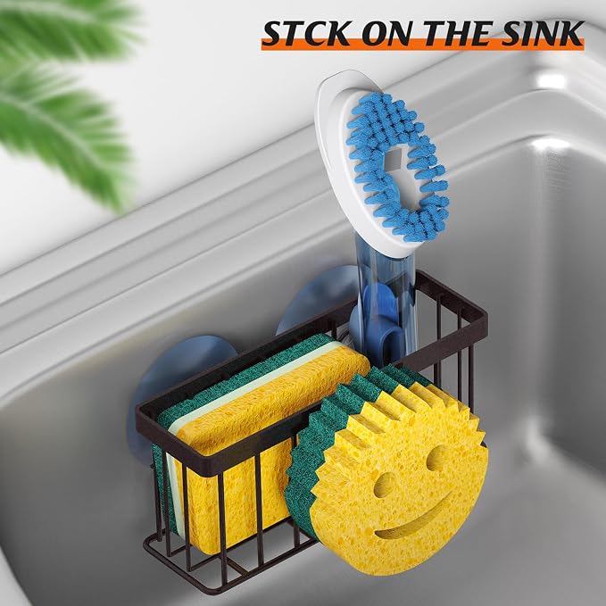 MURLONG Sponge Holder Smiley Face, Sink Caddy for Kitchen Sink, Sink Organizer Sponge Holder with 2 PCS Suction Cups/1 PCS Adhesive Strips, Designed for Sponge, Soap, Dish Brush, Scrubber-Bronze