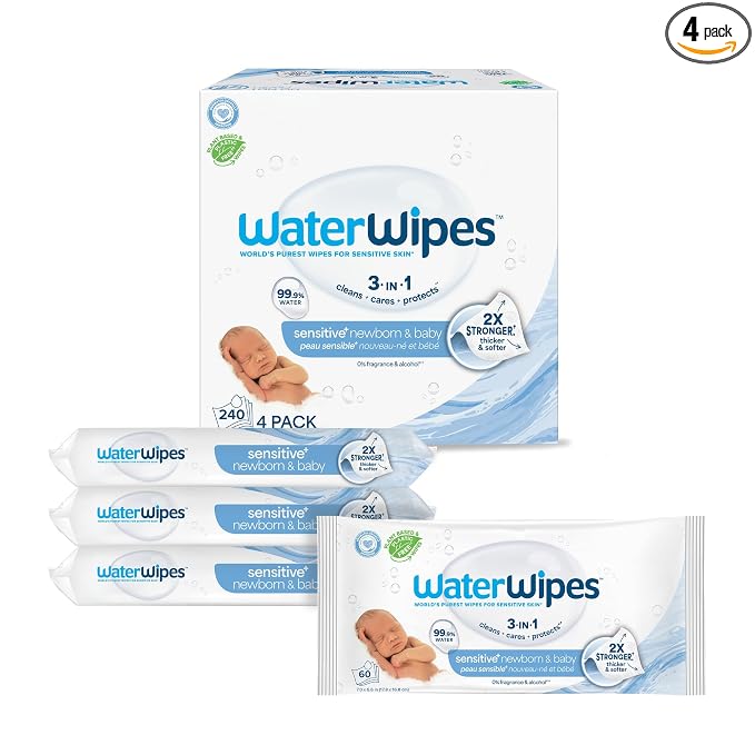 WaterWipes Sensitive+ Newborn & Baby Wipes, 3-In-1 Cleans, Cares, Protects, 99.9% Water, Unscented & Hypoallergenic, 240 Count (4 Packs)