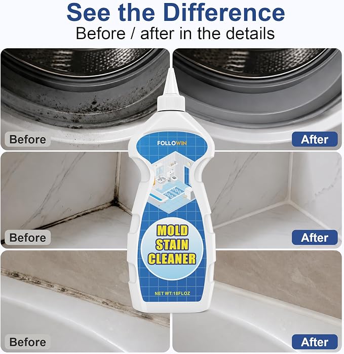 FOLLOWIN Mold and Mildew Remover Gel, Household Stain Cleaner for Washing Machine Seal, Bathroom Grout, Shower Tile, Kitchen Sink, Silicone Caulk - Non-Drip Formula, 18 fl oz