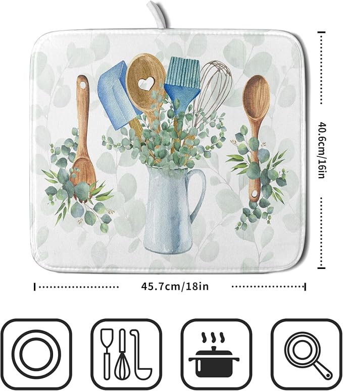 Sage Green Dish Drying Mat for Kitchen Counter, Cooking Supplies Reversible Dish Drainer Rack Pad Fast Dry Kitchen Accessories 16x18 Inch