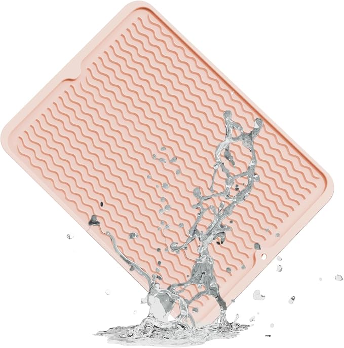 ZLR Silicone Dish Drying Mat for Kitchen Counter (12" x 16" / 307 x 405mm) - Large Fast-Dry Drainer Mat with Raised Wavy Ridges & 5mm Lip - Non-Slip, Heat Resistant 450°F, BPA-Free (Peach Pink)