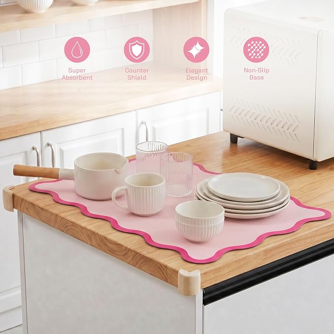 Scalloped Dish Drying Mat for Kitchen Counter, Absorbent Easy Clean Non-slip Coffee Bar Station Accessories, Trendy Cute Aesthetic Modern Drainer Kitchen Drying Mat, Pink 15" x 24"