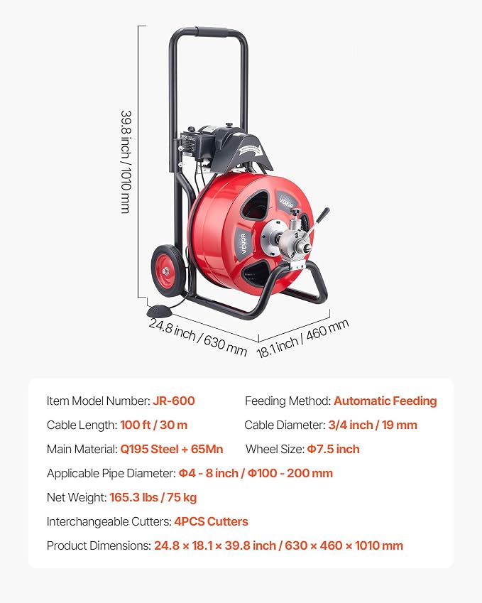 VEVOR Drain Cleaner Machine 100 FT x 3/4 Inch, Auto Feed Sewer Snake Auger on Wheels, Portable Drain Cleaning Machine with 4 Cutters & Air-activated Foot Switch for 4" to 8" Pipes