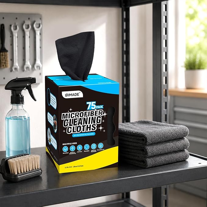 UNIMADE Microfiber Cleaning Cloth, 75 Sheets Microfiber Towels for Cars Commercial Grade Washcloths Lint-Free Bulk Shop Towel Cleaning Rags for Household Restaurant Garage Housekeeping, 11"x 9", Black