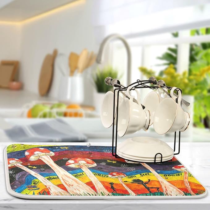 Absorbent Dish Drying Mat for Kitchen Counter - Cute Little Mushroom Microfiber Drying Pad, Reversible Drainer Mats for Countertop, Lager 18 x 24 inch