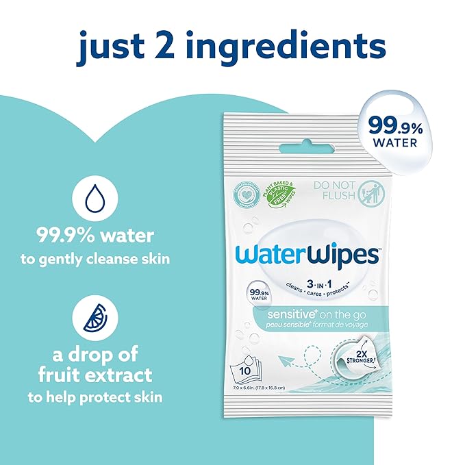 WaterWipes Sensitive+ On The Go Wipes, 3-In-1 Cleans, Cares, Protects, 99.9% Water, Unscented & Hypoallergenic Wet Wipes, 28 Count (Pack of 2)