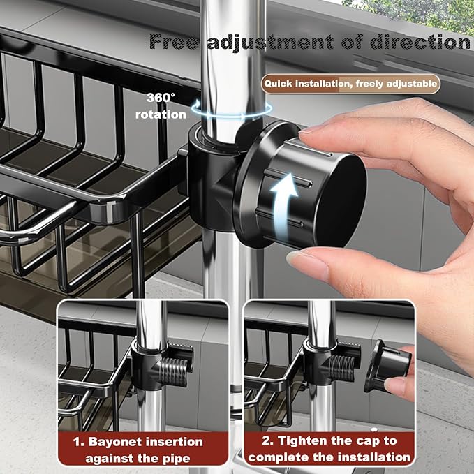 Sink Organizer Rack for Kitchen and Bathroom, 2025 New Stainless Steel Detachable Hanging Faucet Drain Rack with Drip Tray Faucet Sponge Holder for Bathroom (Black, Right)