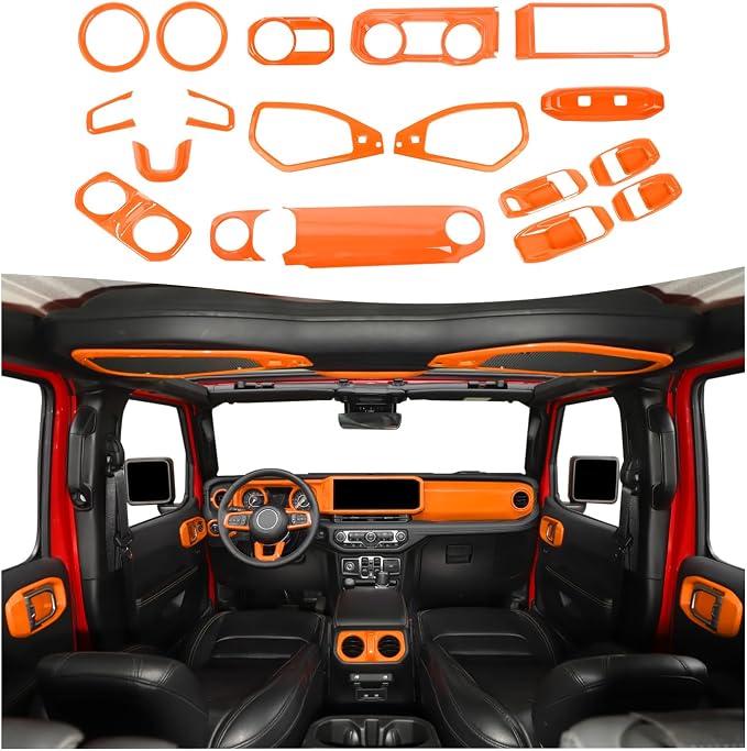 21PCS Full Set Interior Trim Kit for 2024-2026+ Jeep Wrangler JL JLU & Jeep Gladiator JT, Dashboard Side Outlet Door Handle Bowl Headlight Switch Roof Reading Light Cover (Orange)