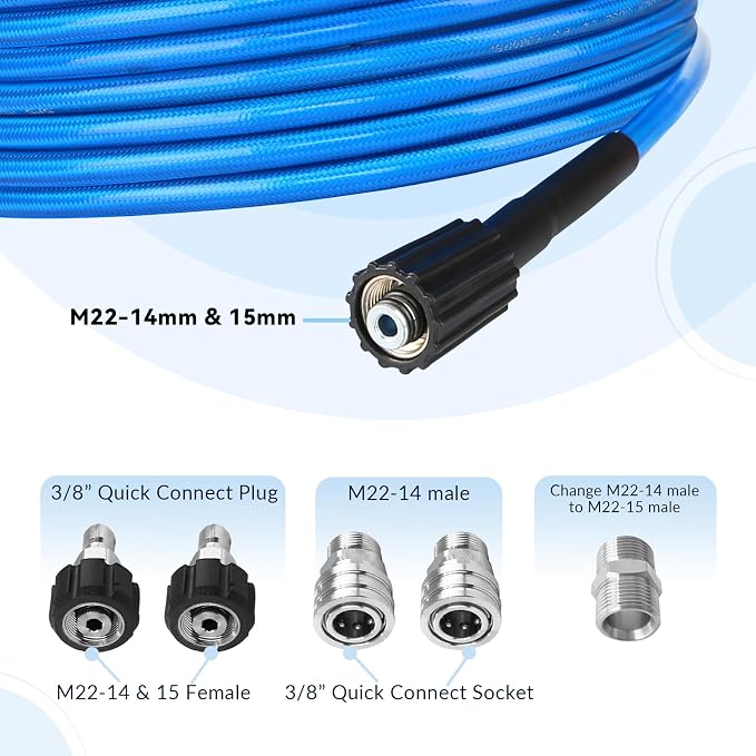 High Pressure Washer Hose 50 FT X 1/4 Inch, Kink Resistant Power Washer Extension Replacement Hose With Heavy Duty M22 Female x 3/8" Quick Connect Kit, 3000 PSI