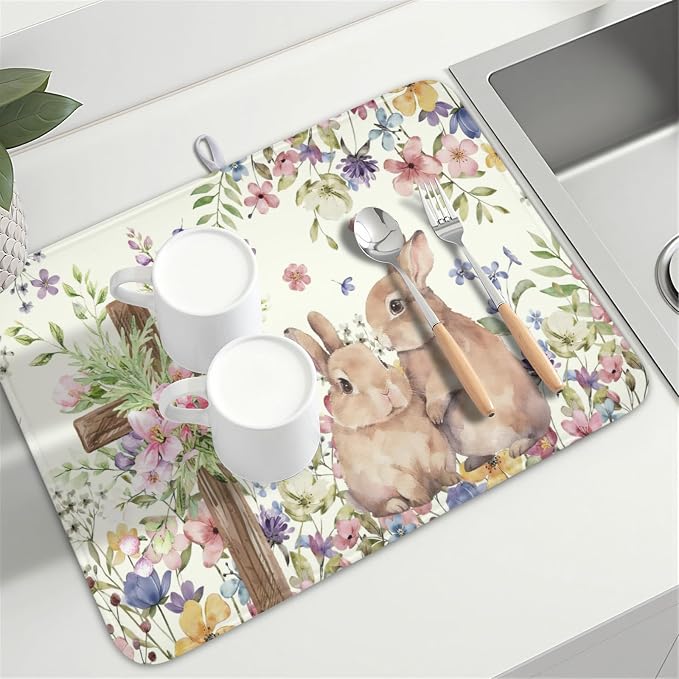 Easter Bunny Dish Drying Mat 18 x 24 Inch Rabbit Dish Drainer Rack Mat Colorful Floral Mat Absorbent Microfiber for Holiday Kitchen Coffee Dining Bar Decor