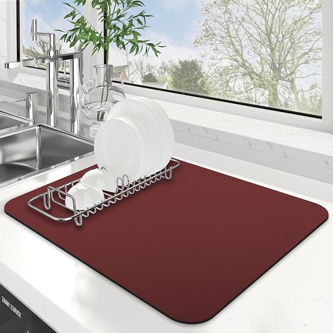 WISELIFE Dish Drying Mat Super Absorbent Drying Mat Large Dish Drying Mats for Kitchen Counter Easy Clean Dish Mat Kitchen Drying Mat15"x 18" Classic Red