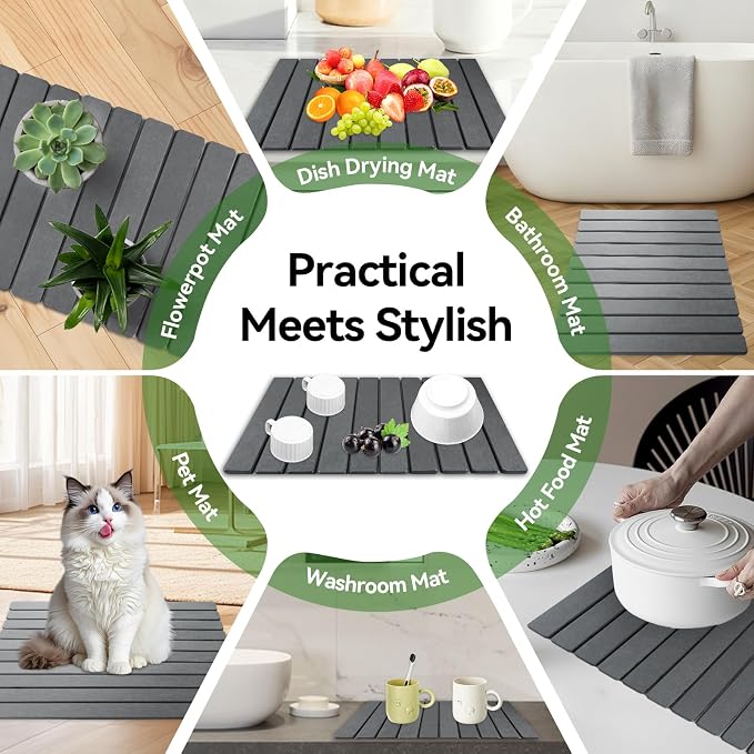 Large Stone Drying Mat for Kitchen Counter, 24"x16" Collapsible Diatomaceous Earth Drying Mat, Instant Absorbent Dish Drying Pad, Stone Drying Rack Space Saver Drying Board for Kitchen Sink, Gray