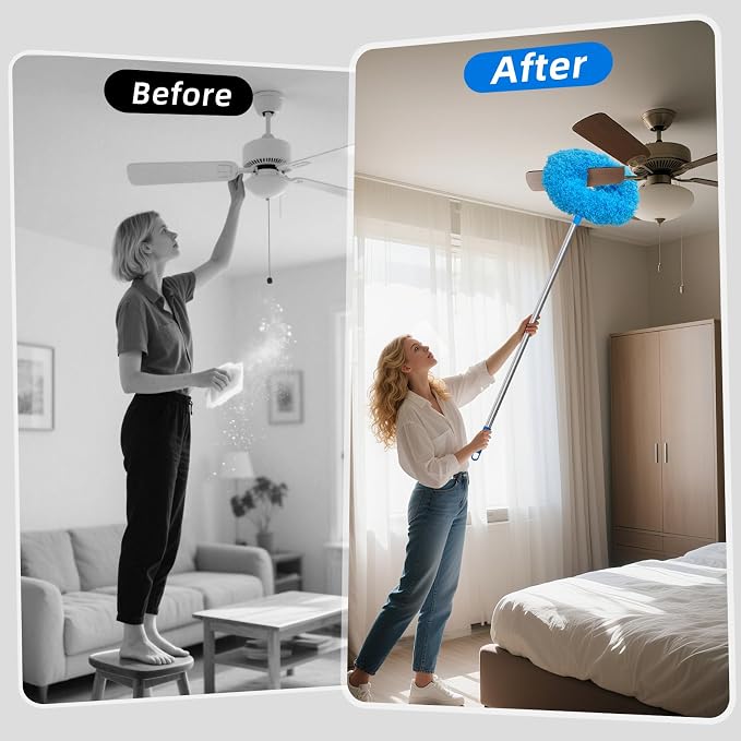 DRQ Ceiling Fan Cleaner Duster, Reusable Microfiber Duster with Extension Pole, 13 to 48 Inch Fan Blade Cleaner, Removable Dusters for Cleaning Walls Bookshelves Door Window Top (Blue)