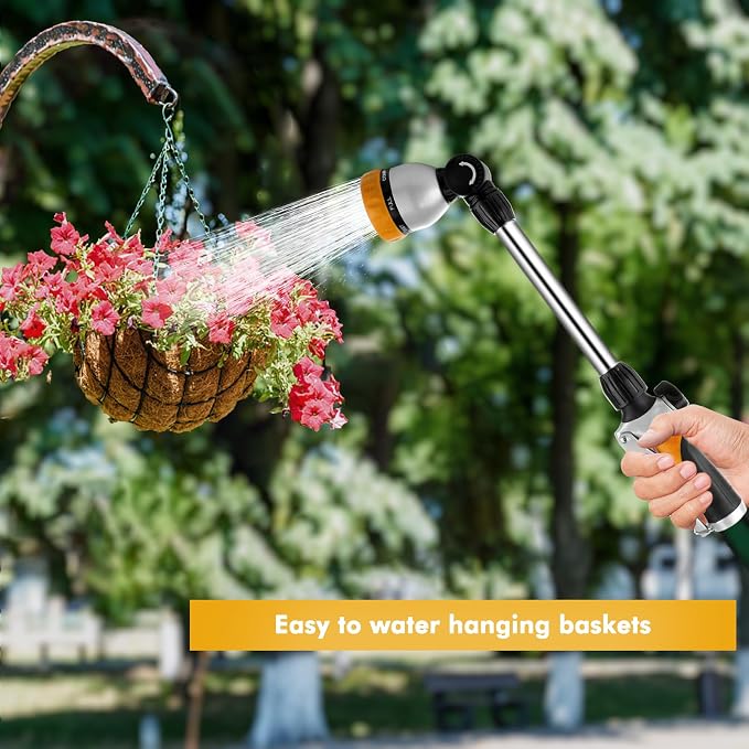 RESTMO Heavy Duty Metal Hose Wand, Watering Wand for Garden Hose | 180° Swivel Ratcheting Head, 16'' Hose Sprayer, 7 Spray Patterns, Flow Control, Ideal for Hanging Baskets & Shrubs, Yellow