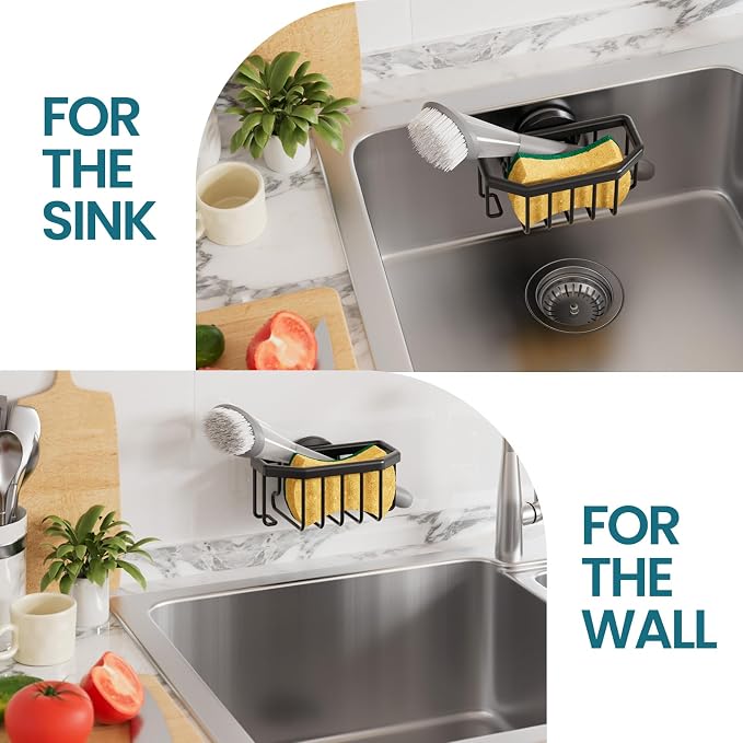 TAILI Sponge Holder for Kitchen Sink with Strong Suction Cup, Rustproof Aluminum Sink Caddy for Sponges, Brushes, Stoppers & Scrapers, Black