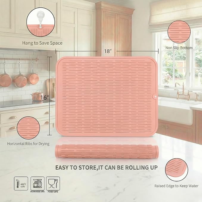 MicoYang Silicone Dish Drying Mat for Multiple Usage,Easy clean,Eco-friendly,Heat-resistant Silicone Mat for Kitchen Counter or Sink,Refrigerator or Drawer Liner Pink XL 18 inches x 16 inches