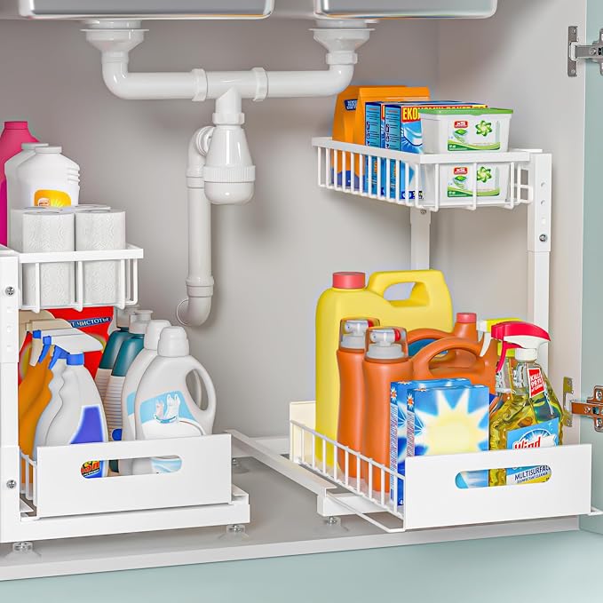 Saydear 2-Pack L-Shaped Under Sink Organizer, 2-Tier Pull-out Cabinet Rack | White Height-Adjustable Steel Rack, Sliding Grid Drawers with PP Liners, Holds 100 Lbs, Suction Base, Ideal Kitchen Storage