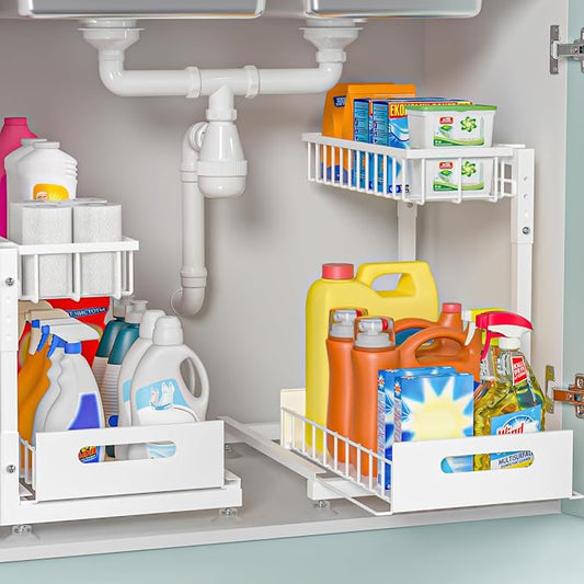Saydear 2-Pack L-Shaped Under Sink Organizer, 2-Tier Pull-out Cabinet Rack | White Height-Adjustable Steel Rack, Sliding Grid Drawers with PP Liners, Holds 100 Lbs, Suction Base, Ideal Kitchen Storage
