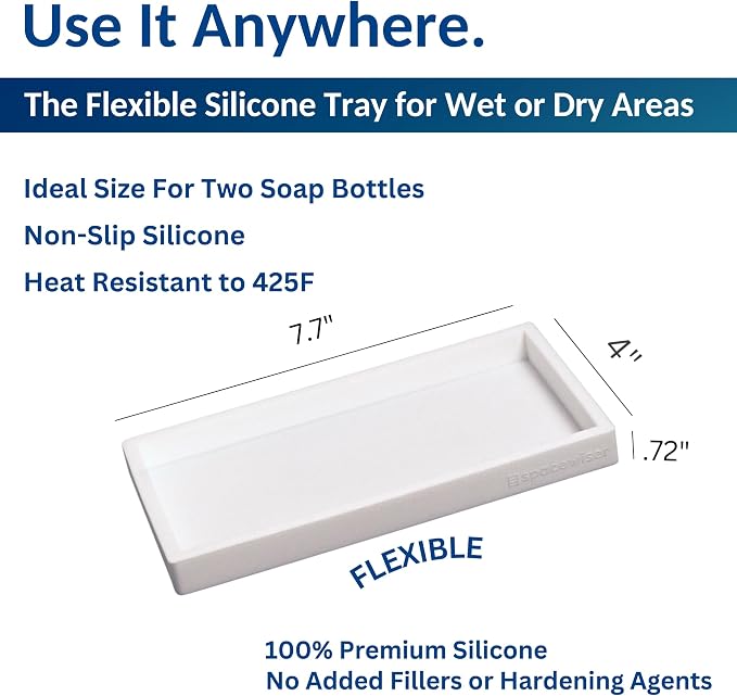 Spacewiser Countertop and Vanity Tray - 2 PC Small 7.7" Silicone Bathroom Trays, Kitchen Soap Tray, Dish Sponge Soap Holder Kitchen Sink Organizer Caddy, Bathroom Counter Trays for Lotion Dispenser