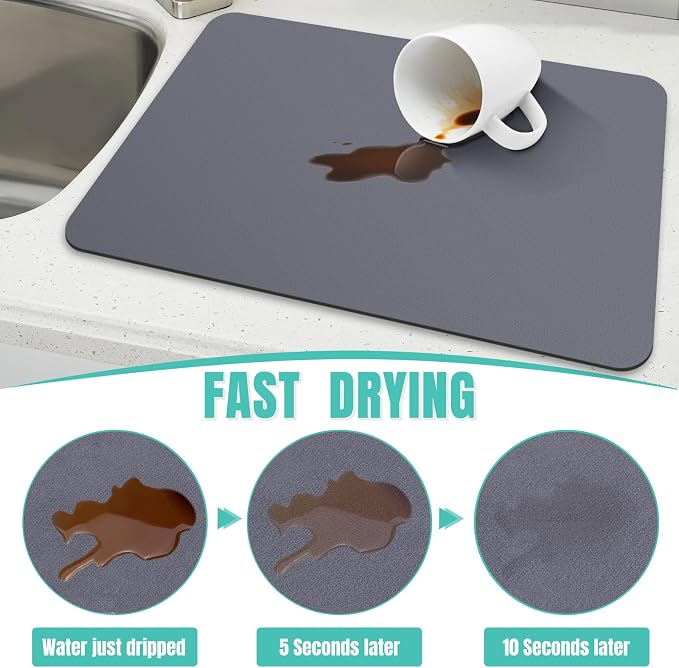 WISELIFE Coffee Mat Super Absorbent Dish Drying Mat Coffee Bar Accessories Large Drying Mats for Kitchen Counter 12" W x 19" L, Grey