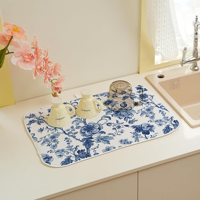 Vintage Blue Dish Drying Mat 18x24 Inch Chinoiserie Navy Blue Floral Drying Mat Flower Spring Summer Seasonal Absorbent Dish Drying Pad Dish Rack Drainer Mats for Kitchen Dining Counter