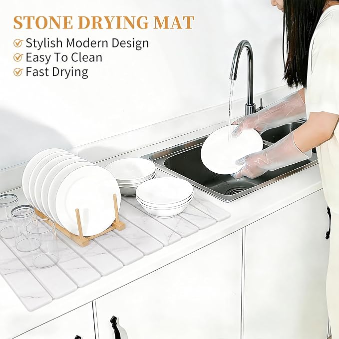 Stone Dish Drying Mat for Kitchen - Diatomaceous Earth Drying Mats | White Color, Counter Mats Quick Dry, Foldable Design, Super Absorbent, (24"×16"/ 8"x4" / 1 Drain Rack) , for Dishes Cups