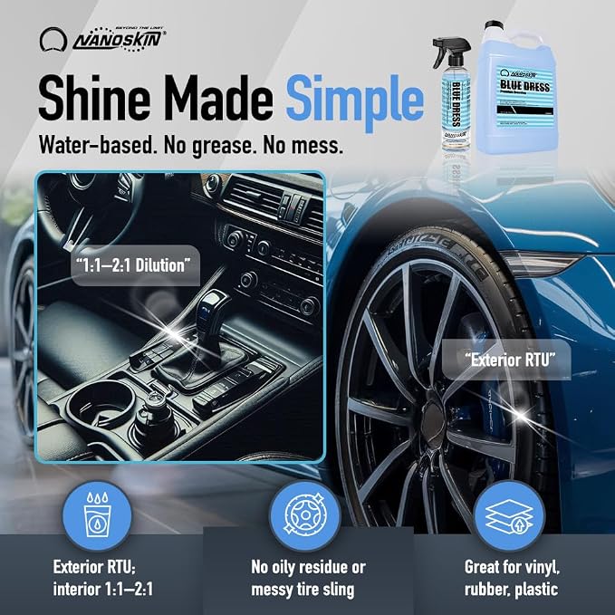 Nanoskin BLUE DRESS Premium Dressing - Sprayable Interior & Exterior Dressing| Works on Tire, Vinyl, Rubber, Plastic & Trim | Safe for Cars, Trucks, Motorcycles, RVs, Light Blue, 128 Fl Oz (Pack of 1)
