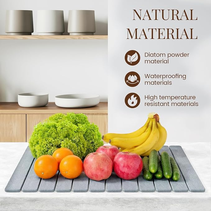 Large Stone Dish Drying Mats for Kitchen Counter 24"(L)×16"(W) Foldable Quick Dry Stone Dish Drying Mats Kitchen Absorbent Diatomaceous Earth Drying Stone Mat for Dishes Bottles Cups Medium Gray