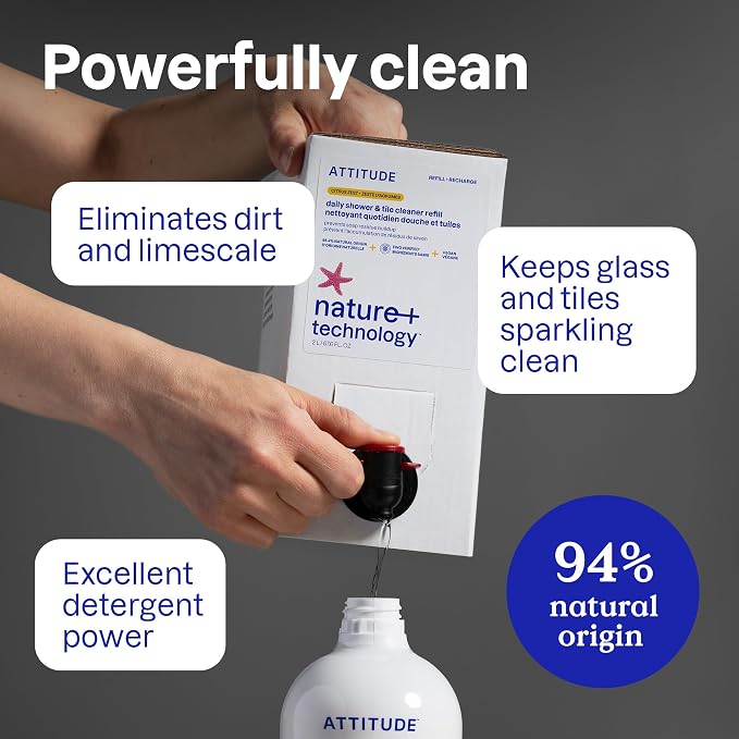 ATTITUDE Shower & Tile Cleaner Refill, EWG Verified, Plant-Based & Vegan Bathroom Spray, Removes Soap Scum & Grime, Citrus Zest Scent, 67.6 Fl Oz