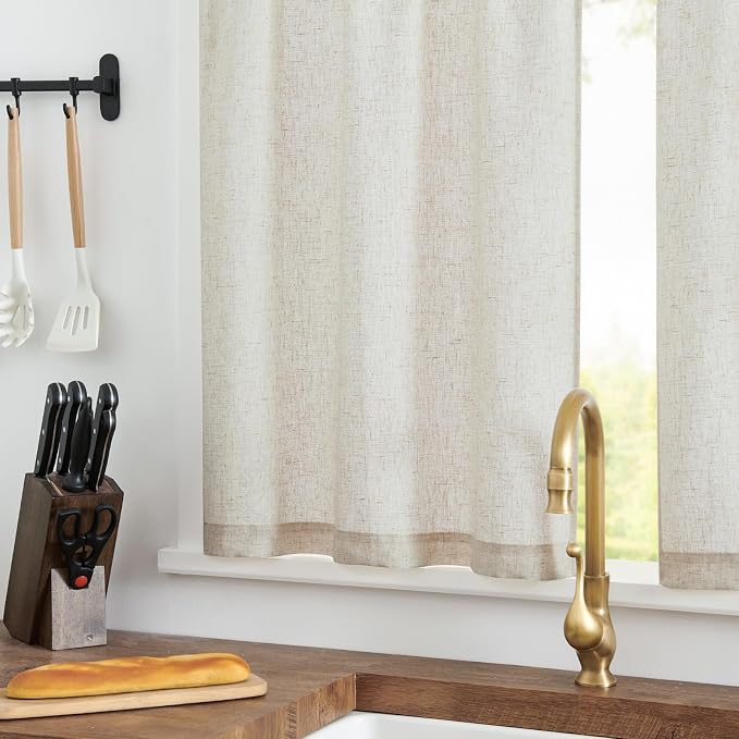 jinchan Beige Rustic Linen Rod Pocket Kitchen Curtains, 26x36, 2 Panels | Light filtering, cafe curtains, machine washable, farmhouse, kitchen, bathrooms, laundry, small window, over sink