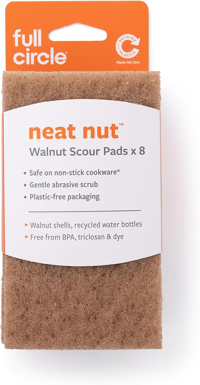 Full Circle Walnut Shell Scour Pads – Pack of 8 – Powerful, Non-Scratch Dish Scrubber Made with Plant-Based & Recycled Materials, Safe for Nonstick
