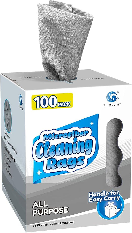 GLIMGLINT Microfiber Cleaning Cloth, 100 Pack Cleaning Rags, Lint-Free, Ultra Absorbent Reusable Paper Towels for Home, Kitchen, Car, Garage or Shop, Microfiber Rags, 11" x 9", Grey