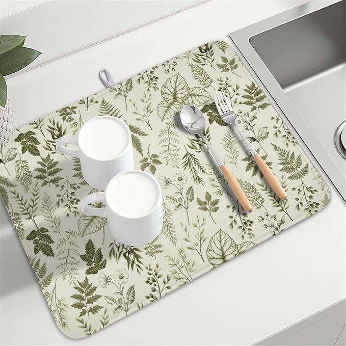 Vintage Botanical Floral Dish Drying Mat for Kitchen Counter Sage Green Herbs Fern Leaves Plant Microfiber Dish Drainer Mat Absorbent Washable Drying Pad Extra Large 18"x24"