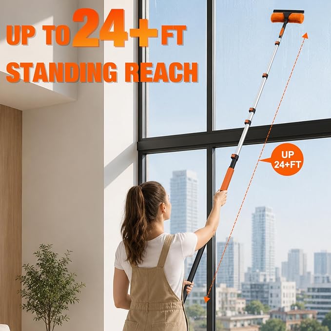 LAANPOLE 30FT Window Squeegee with Extension Pole, 2-in-1 Squeegee for Window Cleaning, Professional Cleaning Kit for Home with 24FT Telescoping Pole for Outdoor Indoor Use