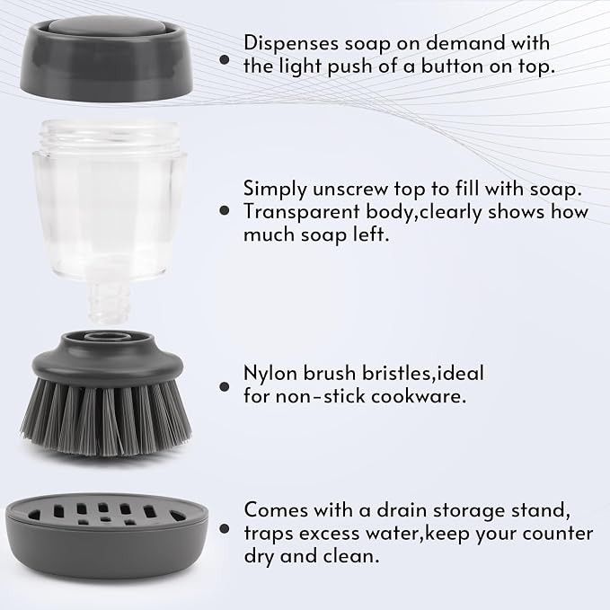 Kitchen Brush with Holder and Soap Dispensing Palm Brush Storage Set for Kitchen Cleaning Dishes Pots Pans Sink Cleaning Dish Scrubber