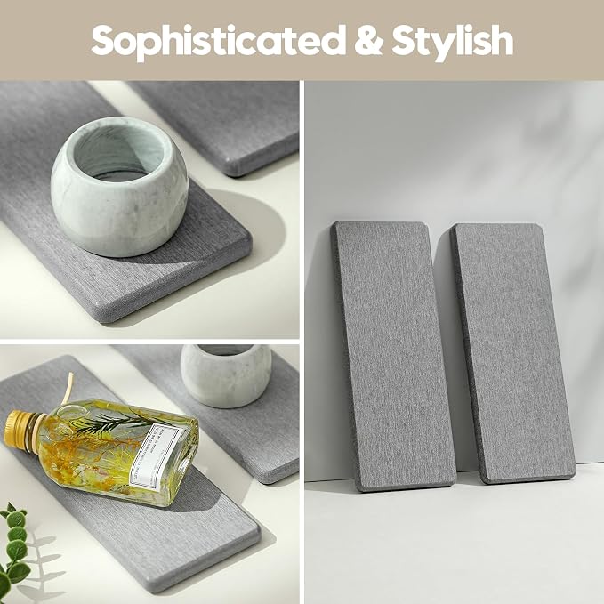 Razborci 2PCS Bathroom Counter Vanity Trays, Water Absorbing Diatomite Stone Quick Drying Mat for Kitchen Sink Counter, Dish Rack Soap Dispenser Sponge Holder Caddy Organizer, Light Gray, 9"x 3.5"