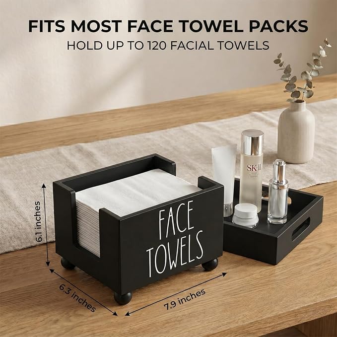 Disposable Face Towel Holder, Wooden Facial Towels Dispenser, Clean Towel XL Box for Bathroom Countertop, Open-Top Cleansing Wipes Organizer for Vanity, Rustic Skincare Storage (Black)