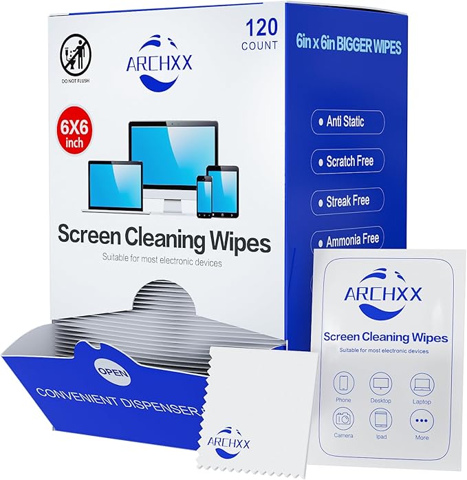 ARCHXX Screen Wipes for Electronics, 120 Count 6"x6" Pre-Moistened Screen Cleaner for Screens, Computer,Laptop,Tablet,Phone,Monitor,Car Screen Cleaner, Lens Wipes Individually Wrapped