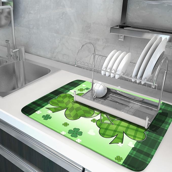 St Patricks Day Shamrocks Lucky Clovers Dish Drying Mat for Kitchen Counter St Patrick's Day Decorative Drying Pad 18x24 Inch Irish Green Buffalo Check Plaid Drying Dish Mats for Countertop Coffee Bar