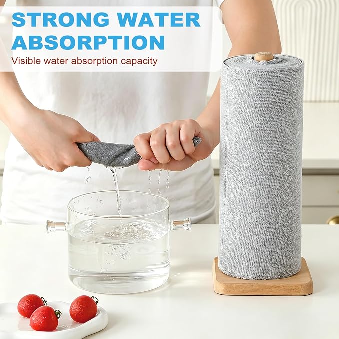 Puomue 55 Pack Microfiber Cleaning Cloth Roll, Tear Away Reusable Paper Towels, 11" X 9", Ultra Absorbent & Lint Free Microfiber Cloth for Cleaning Cars, Kitchen, Window, Home and Shop, Grey