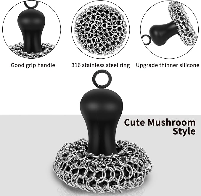 Cast Iron Cleaner Scrubber with Pan Scraper, Patented Chain Mail Scrubber Cast Iron Cleaning Kit, Metal Chainmail Scrubbing Sponge Scrub Brush to Clean Pan, Skillet, Grill, Dutch Oven, Wok